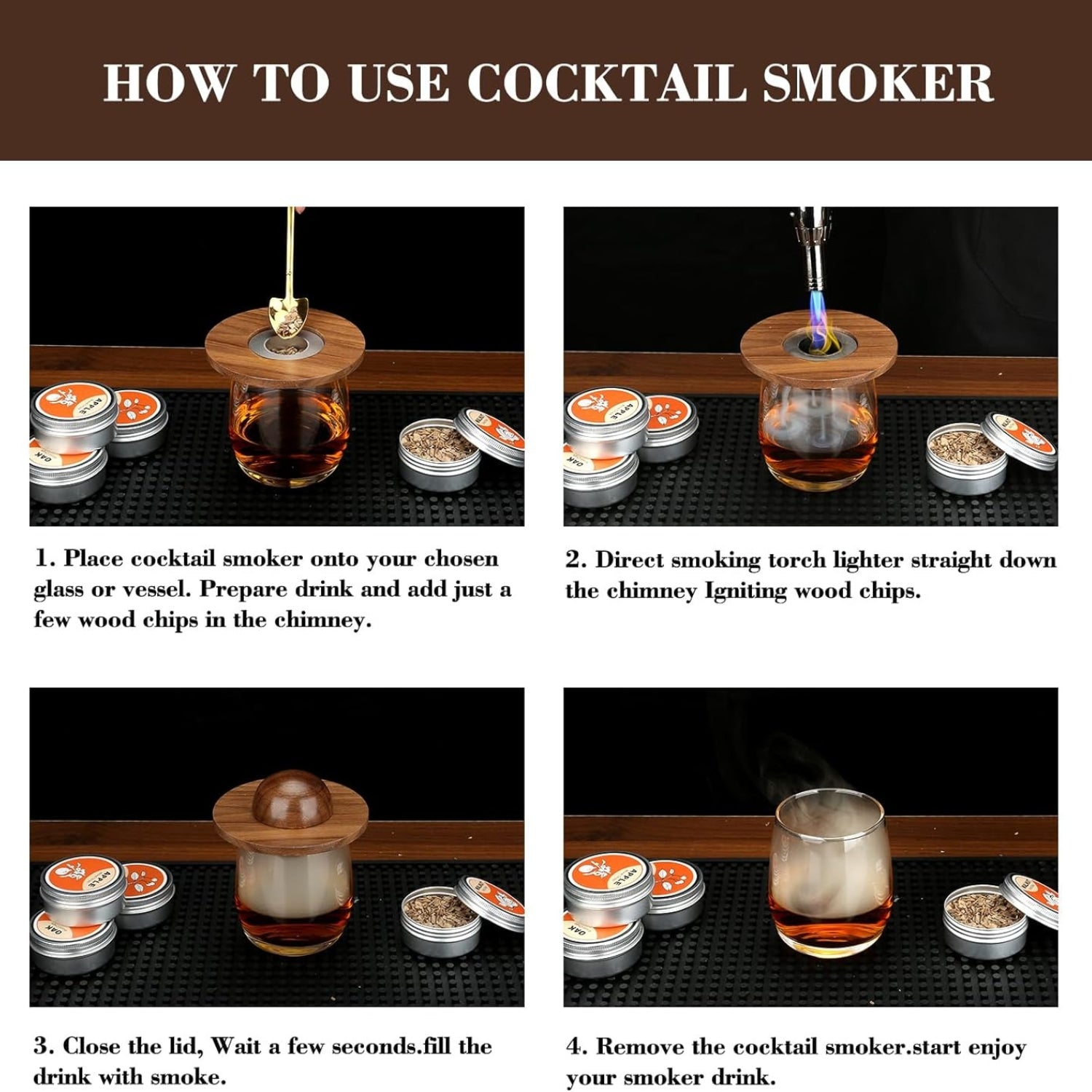 Cocktail Smoker Kit Männergeschenk Whiskey Set 4 Holzchips Old Fashioned