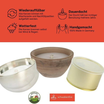 Schwabenfire Outdoorkerze mit Dauerdocht in Edelrost Metallschale kerzen deko