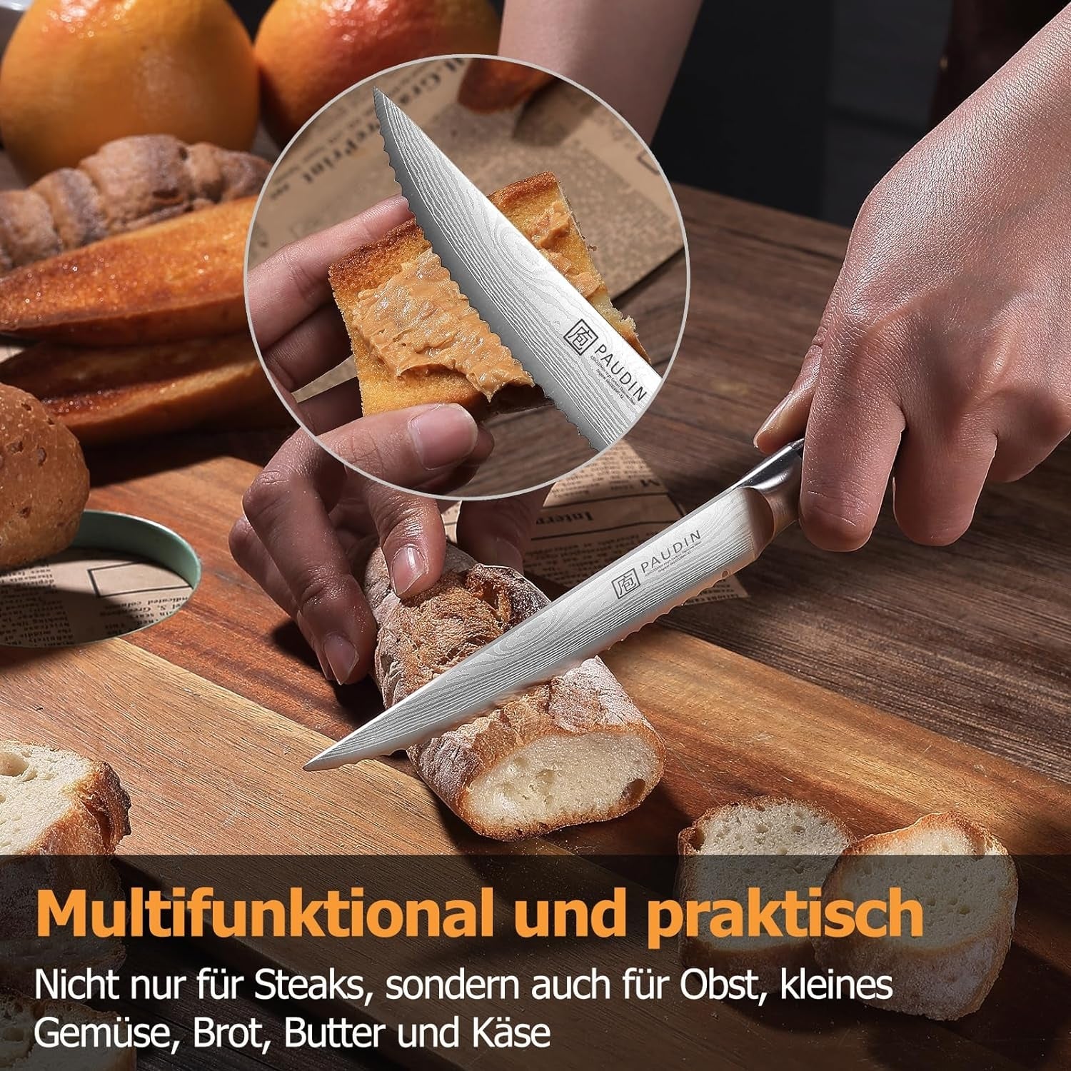 Steakmesser Set 6-teilig Edelstahl Gezackte Klinge Holzgriff Geschenkbox