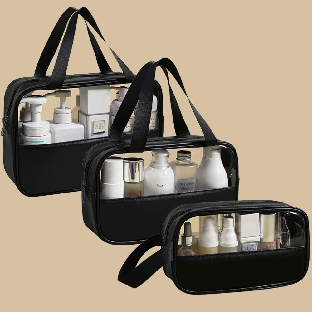 3er Set Kosmetiktasche Transparent Schwarz Wasserdicht PVC Leicht Kulturbeutel