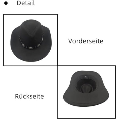 Schwarzer Herren Cowboy Hut Fedora Sonnenhut mit Lederband Breite Krempe