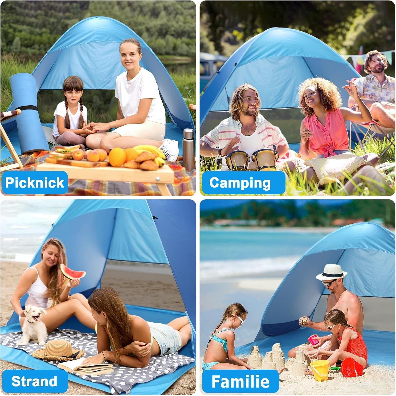 Strandmuschel Pop Up Strandzelt XXL 200x165x130cm UV Schutz UPF 50+ Blau