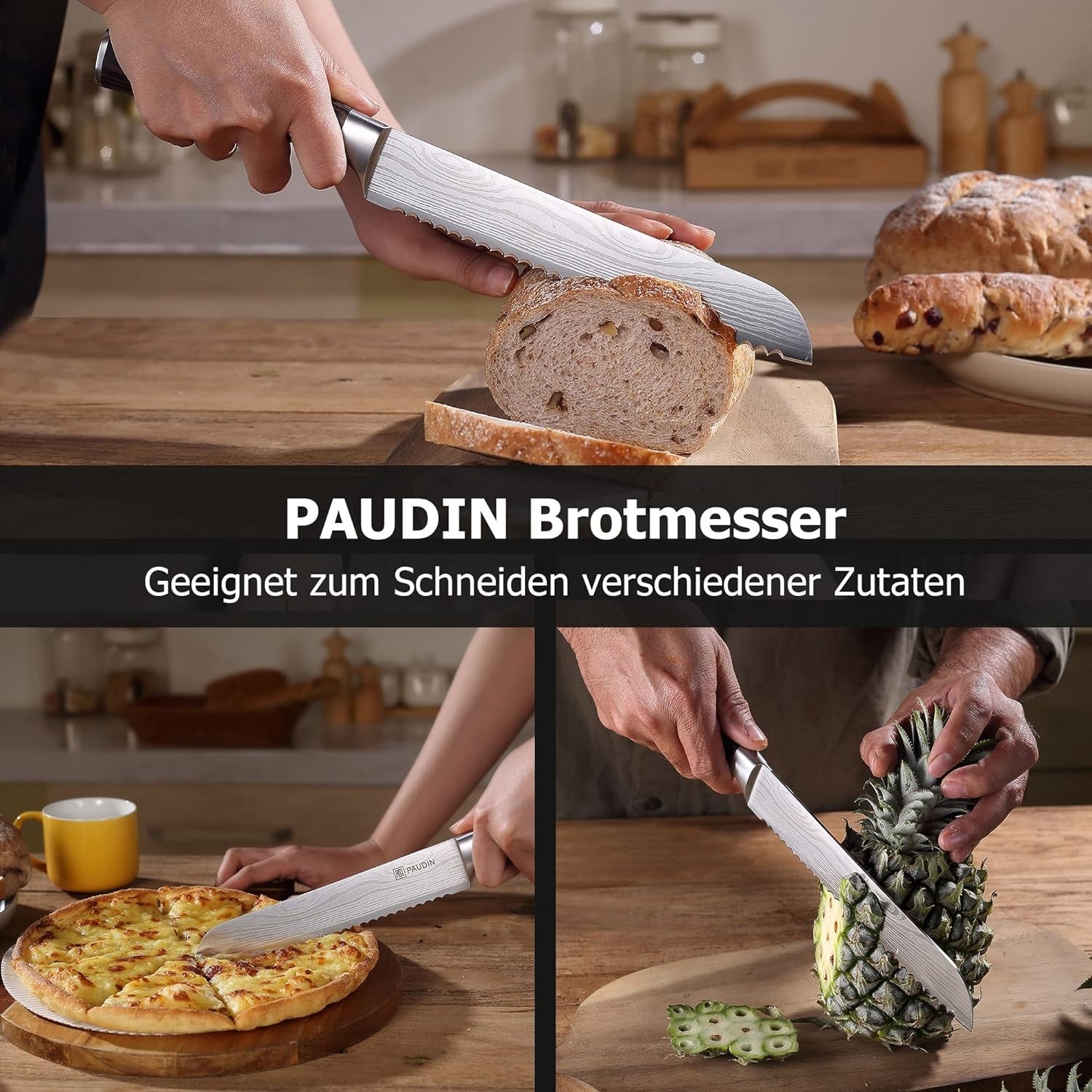 Brotmesser 20 cm Edelstahl Küchenmesser mit Wellenschliff Holz Griff