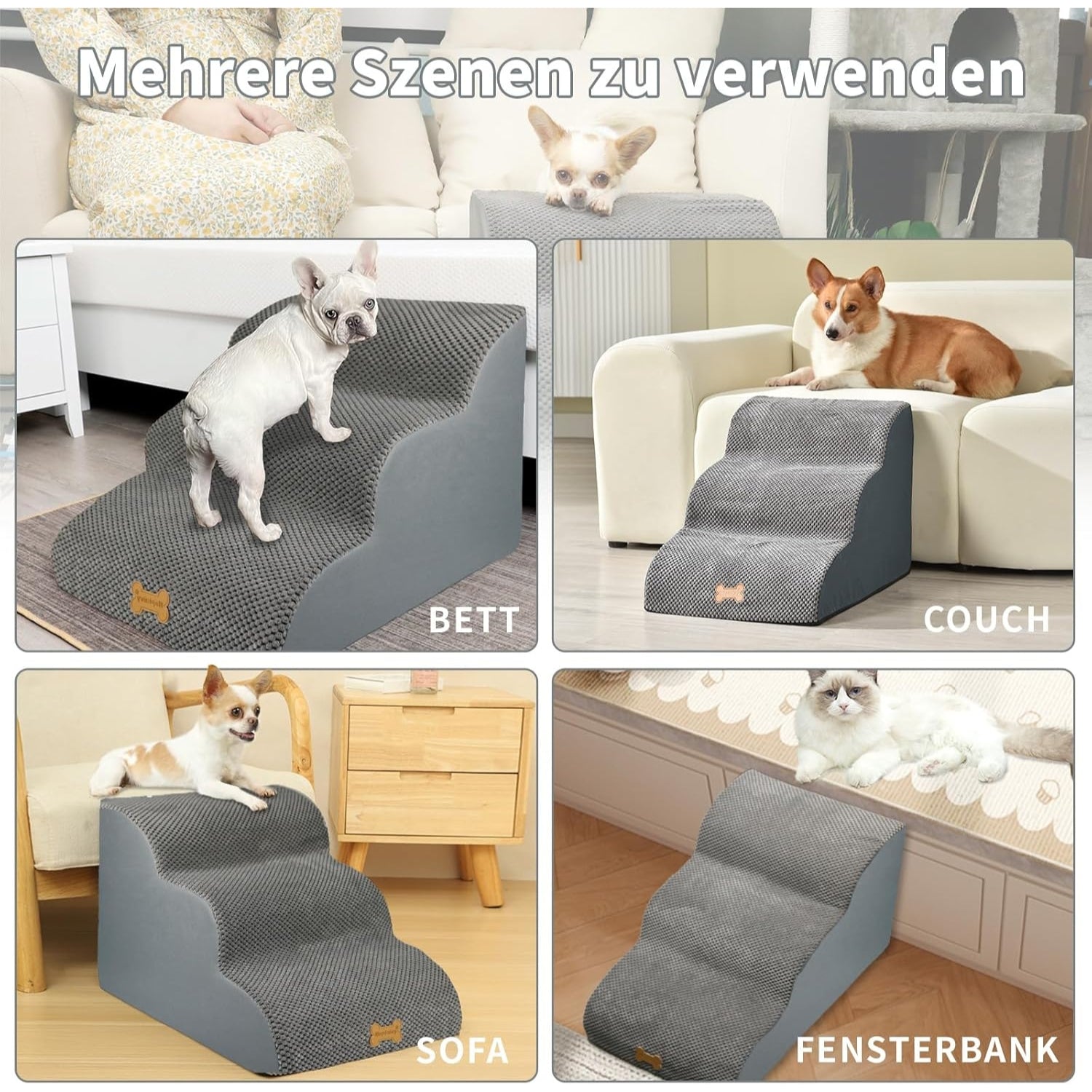 Hundetreppe für Kleine Hunde 3-Stufig Haustiertreppe Sofa Waschbar Rutschfest