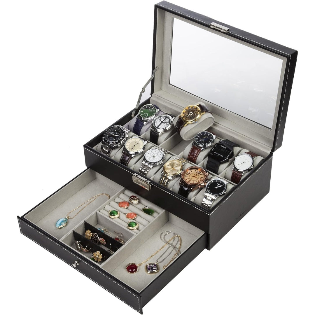 2 Schichten XL Uhrenbox für 12 Uhren PU-Leder Glasdeckel Schmuckkästchen