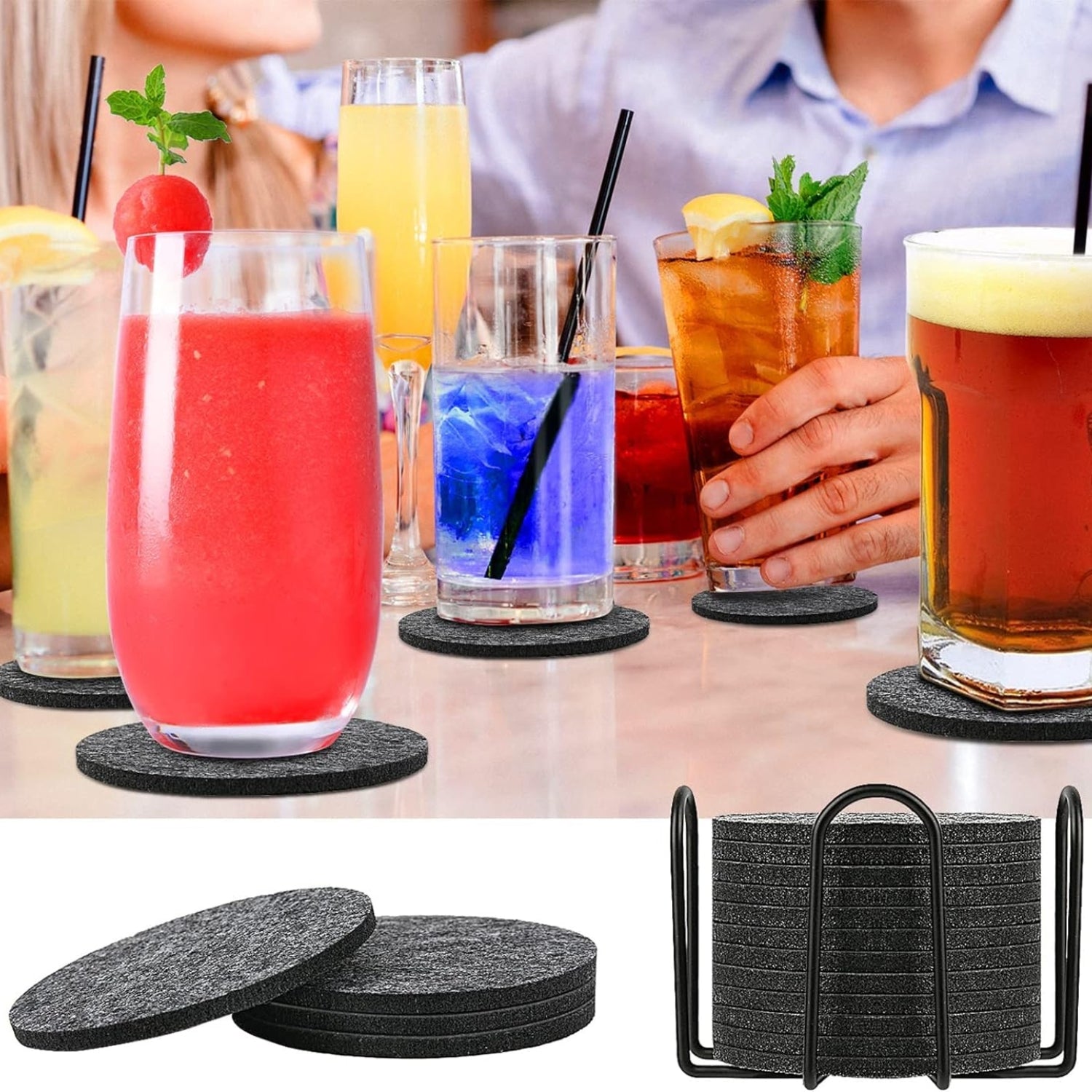 Filzuntersetzer Rund Dunkelgrau 12er Set für Gläser Tassen Bar mit Halter