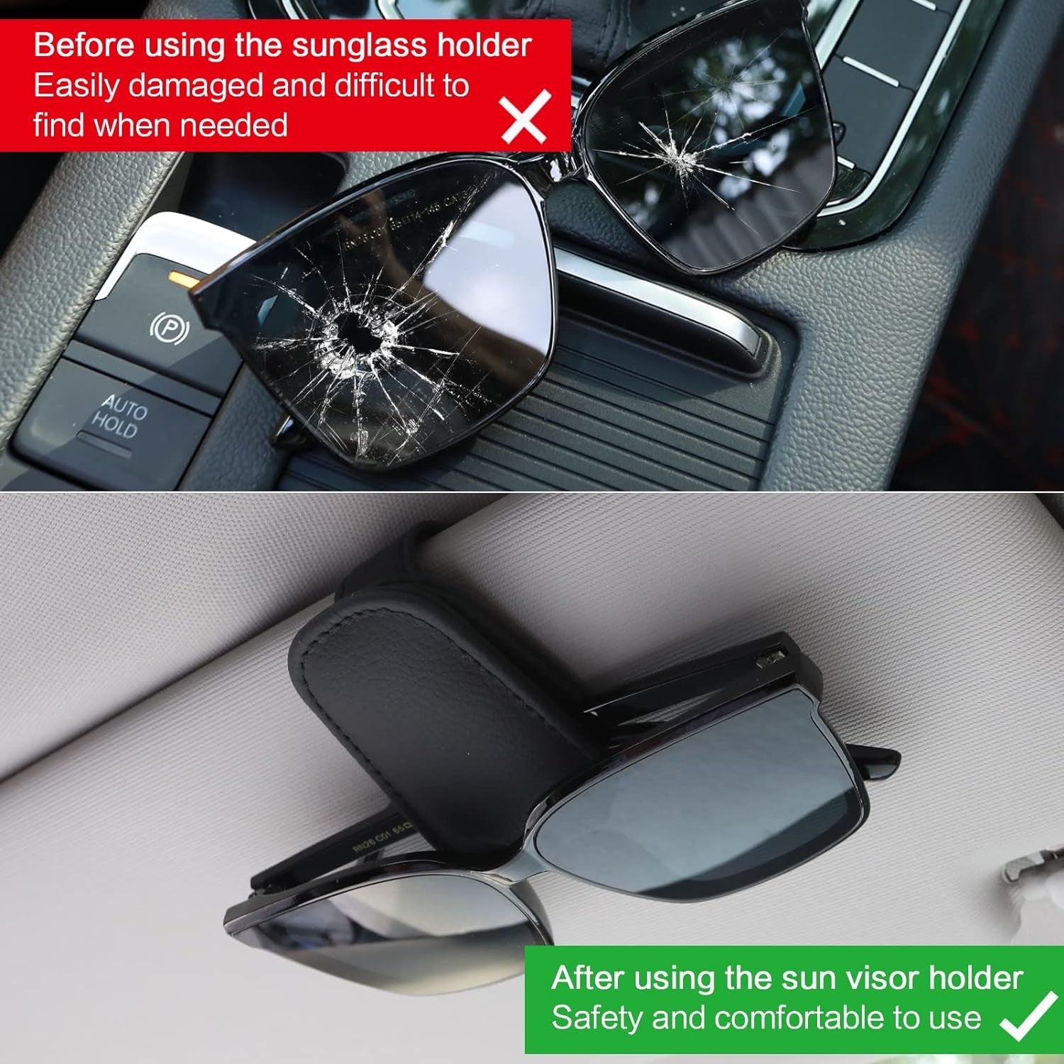 Magnetischer Sonnenbrillenhalter aus Leder Clip für Sonnenblende Auto Schwarz