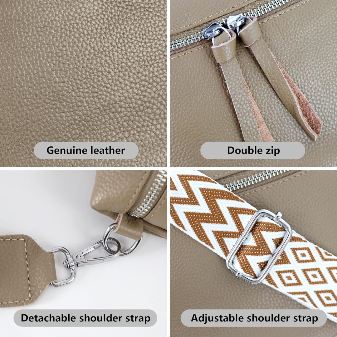 Damen Umhängetasche Echtes Leder Khaki Crossbody Bag Breiter Gurt mit Münzbeutel