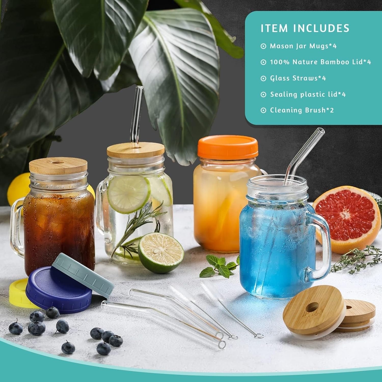 XL Cocktailgläser mit Henkel und Deckel 500ml mit Glasstrohalme und Bürste 4stk