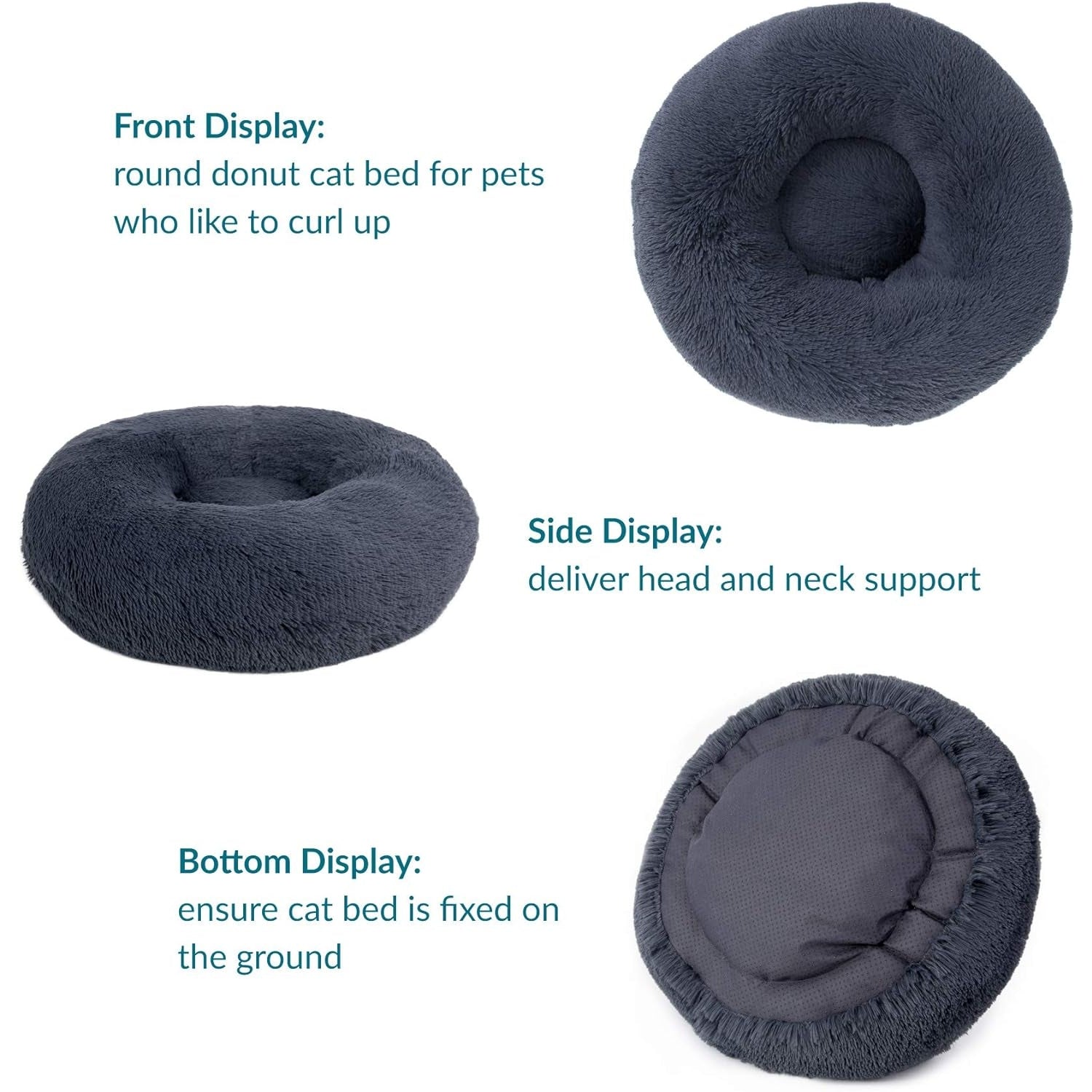 Hundebett kleine Hunde Katzenbett Ø 50 cm waschbar Donut Kissen dunkelgrau