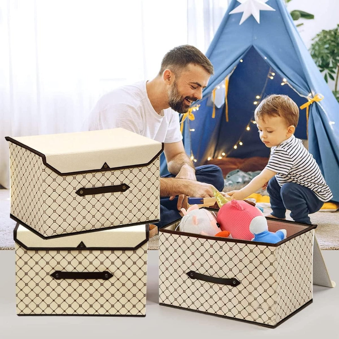 Stoff Aufbewahrungsboxen 4er Set Beige Karo Design mit Deckel Platzsparend