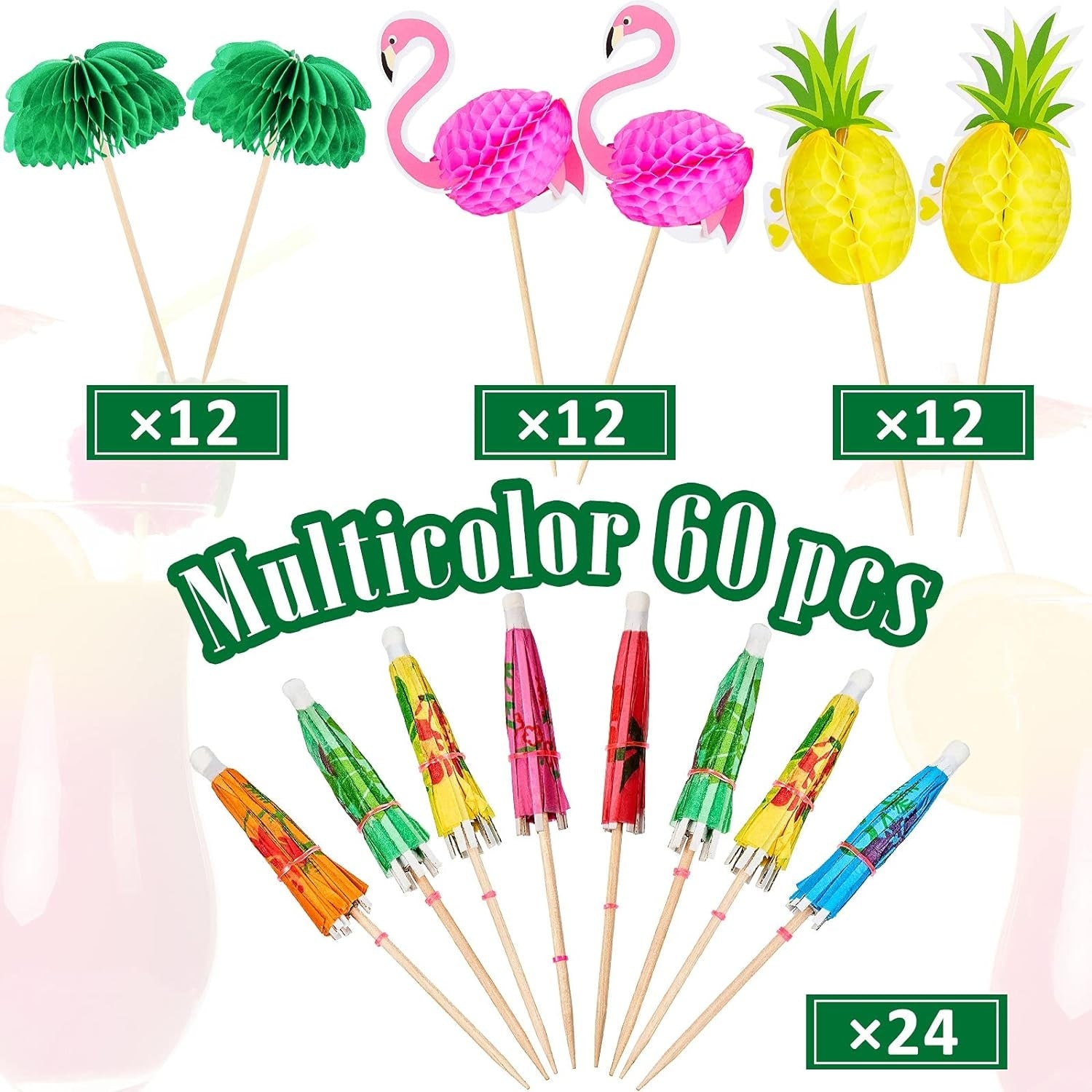 Cocktail Dekoration 60 Stücke Cocktailspieße 3D Flamingo Ananas Schirmstäbchen