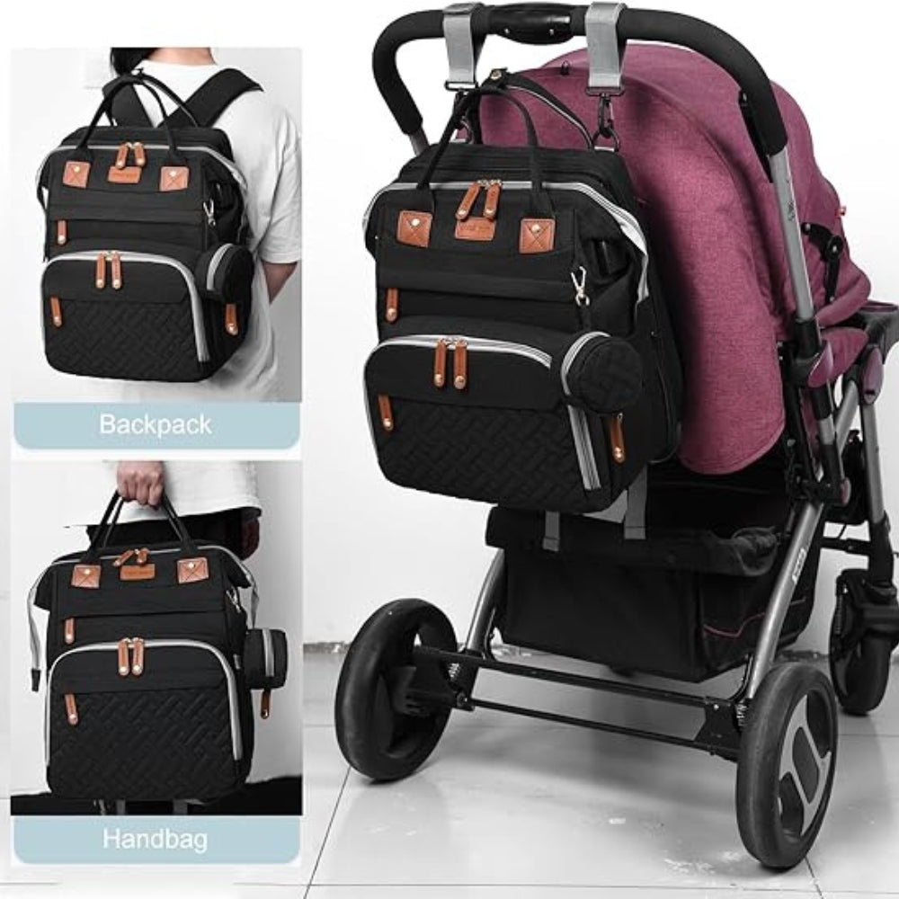 Baby Wickeltasche Schwarz mit Klappbett und Wickelauflage USB Port Wasserdicht