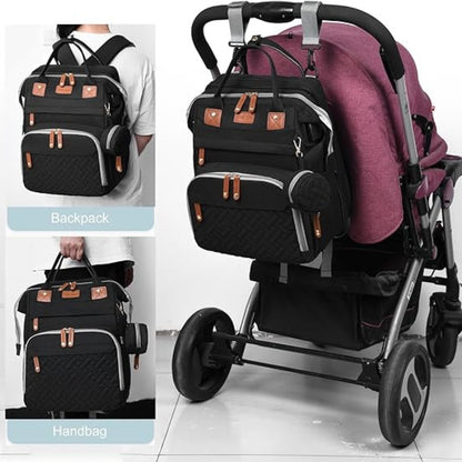 Baby Wickeltasche Schwarz mit Klappbett und Wickelauflage USB Port Wasserdicht
