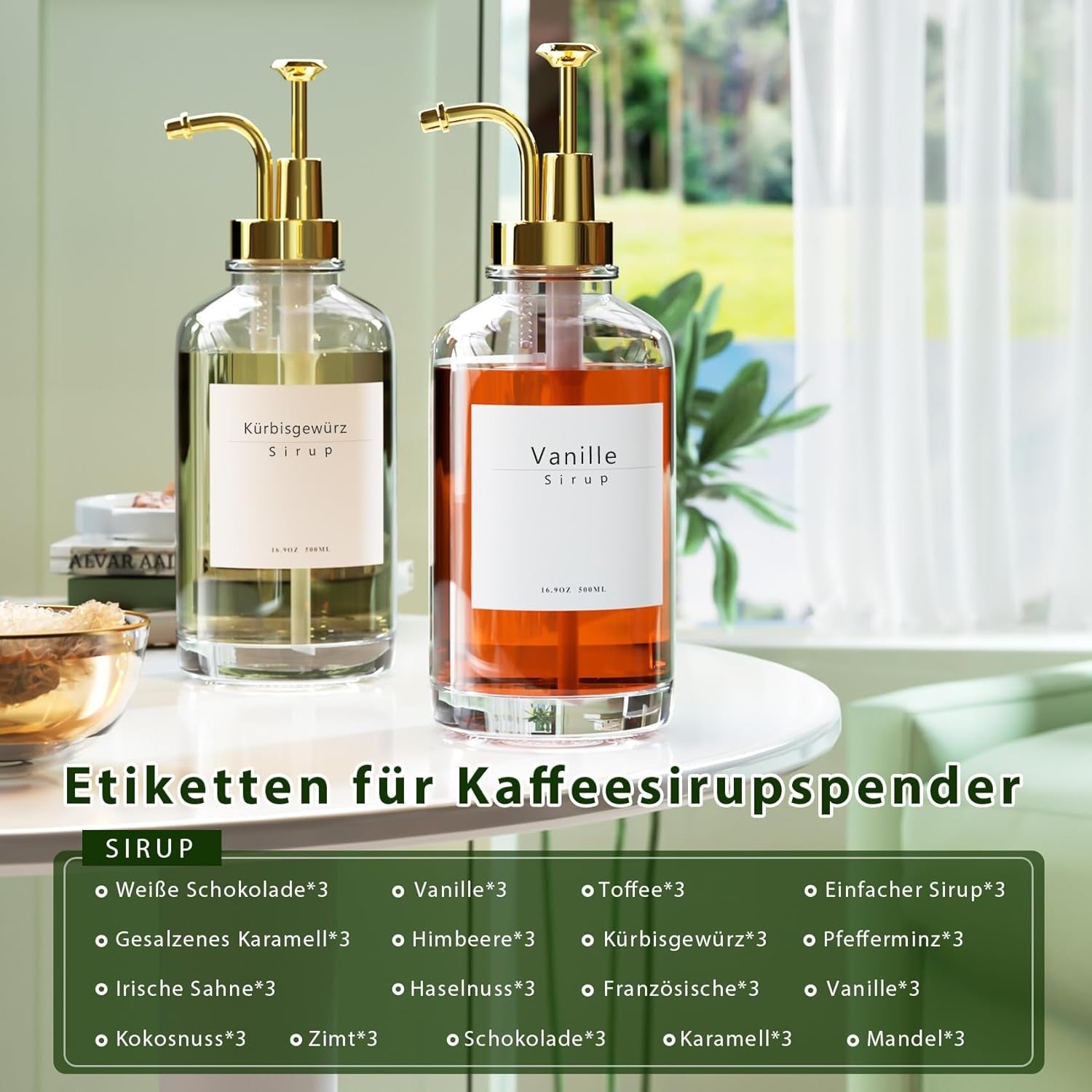 Sirup Spender Pumpspender 4x500ml Kaffee Zubehör Glasflasche mit 58 Etiketten