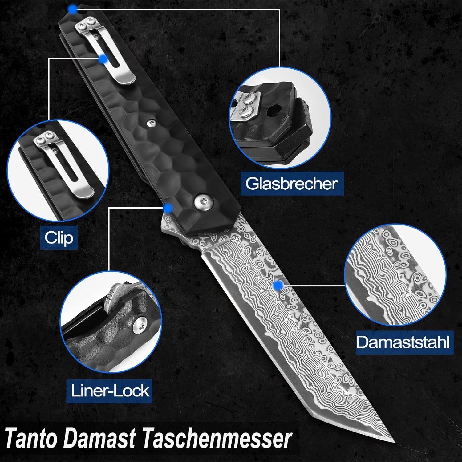 Japanisches Damast Taschenmesser Damaststahl Tanto Klappmesser Einhandmesser