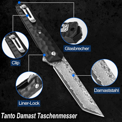 Japanisches Damast Taschenmesser Damaststahl Tanto Klappmesser Einhandmesser