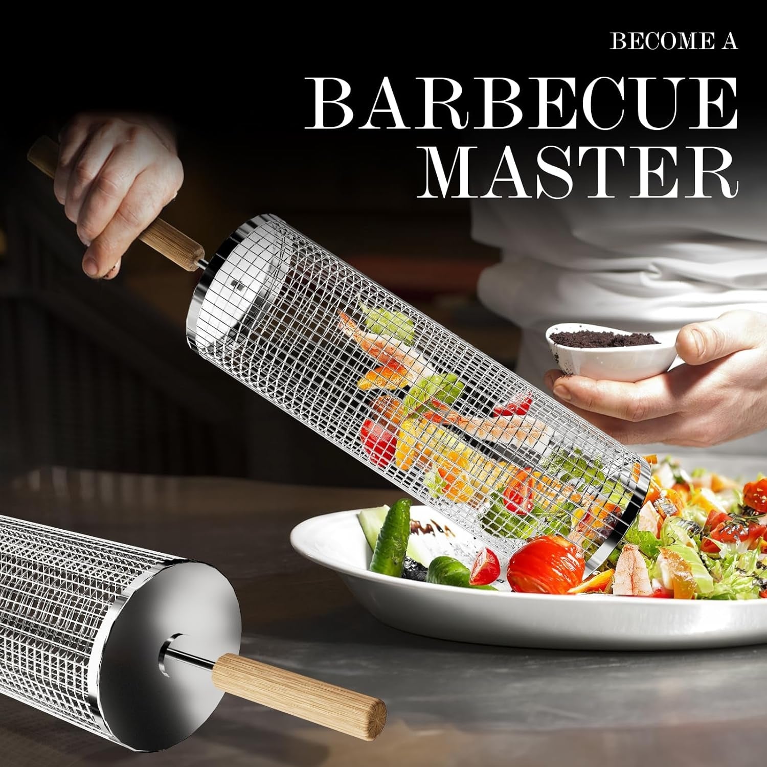 3 Stück Rollender Grillkorb für Gemüse mit Holzgriff Grill Zubehör Edelstahl