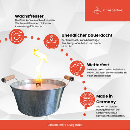 Schwabenfire Outdoorkerze mit Dauerdocht Kleine Zink-Schale mit Henkel 16,5cm