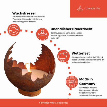 Schwabenfire Outdoorkerze Edelrost Feuerkugel Wiederverwendbar XXL Outdoor kerze