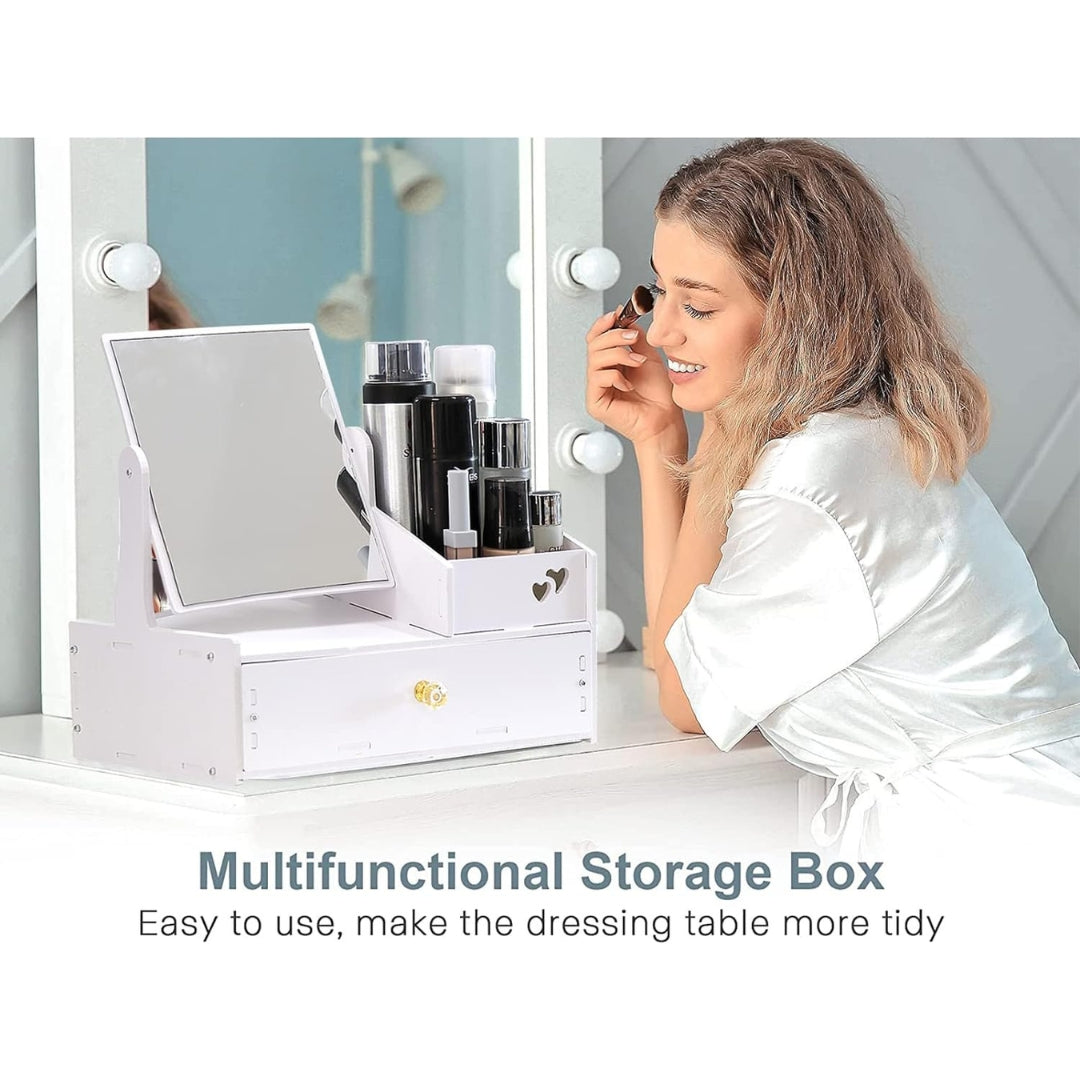 Weiß Make up Organizer mit Schublade Viereckigem Spiegel Kosmetik Aufbewahrung