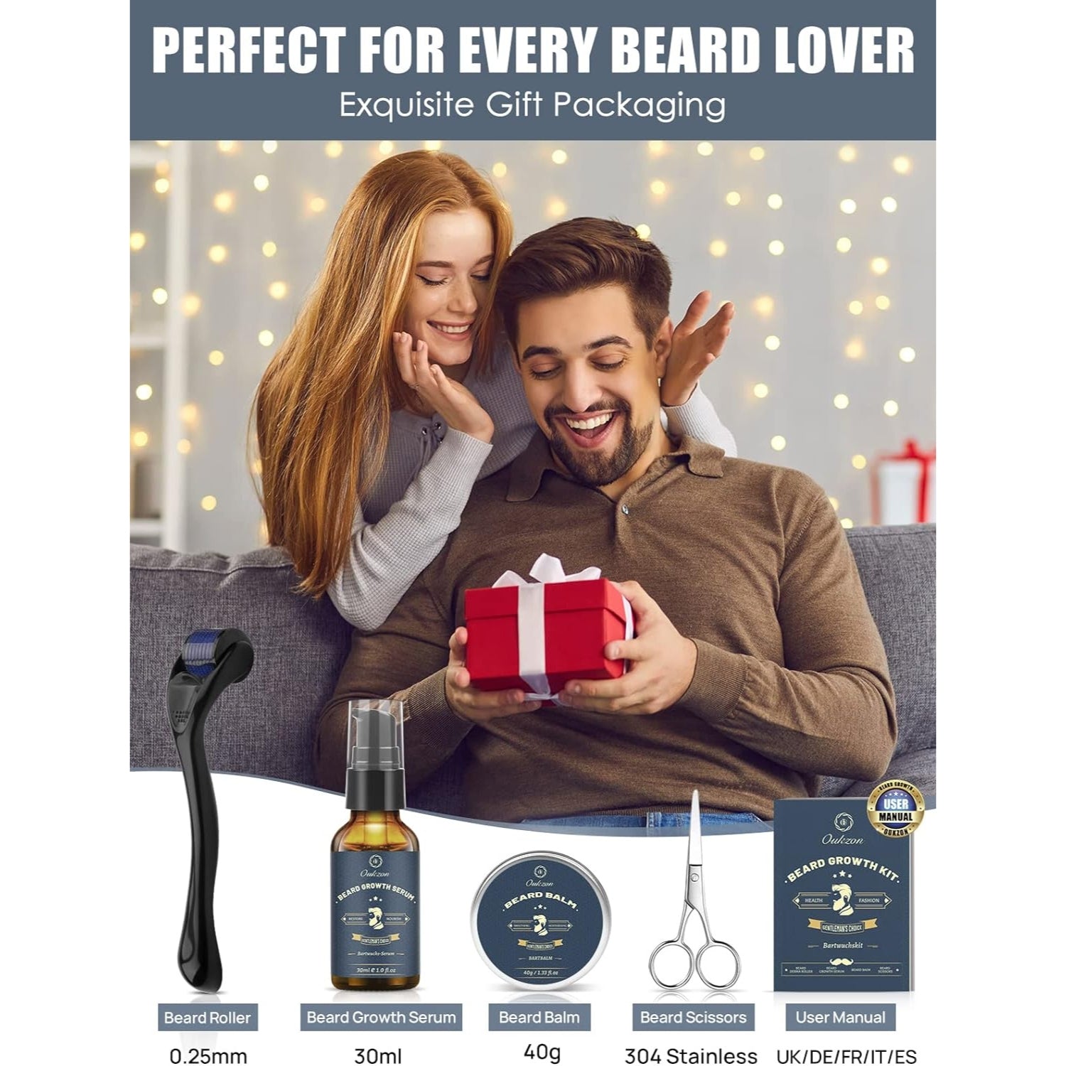 Bartroller Bartwuchs Set für Männer Bartwuchsmittel Öl Balsam Schere Geschenk