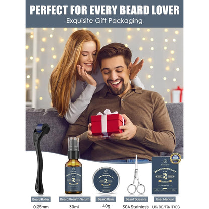 Bartroller Bartwuchs Set für Männer Bartwuchsmittel Öl Balsam Schere Geschenk