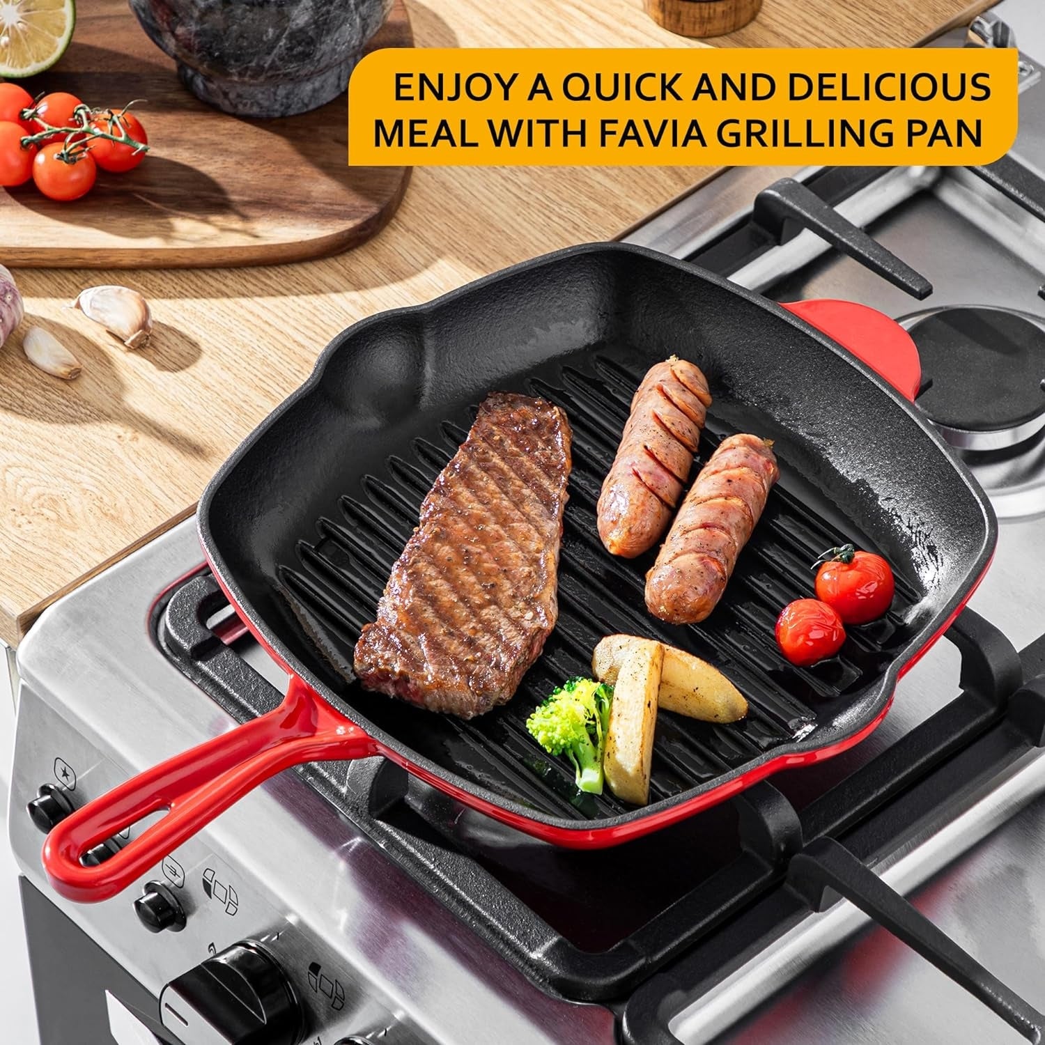 Premium Gusseisen Pfanne 29 cm Emailliert Induktionsfähig Grillpfanne