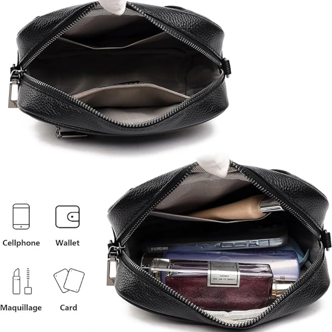 Damen Umhängetasche Leder Schwarz Weißer Gurt Crossbody