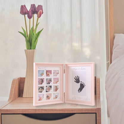 Baby Handabdruck Fußabdruck Fotoalbum Faltbarer Zweifach Rosa Fotorahmen Auffüllbares Stempelkissen Erstes Jahr Jubiläum Babygeschenk