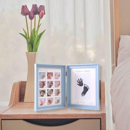 Baby Handabdruck und Fußabdruck Fotoalbum Faltbar Zweifach Fotorahmen Blau Auffüllbares Stempelkissen Erstes Jahr Wachstumsrekord Perfektes Geschenk