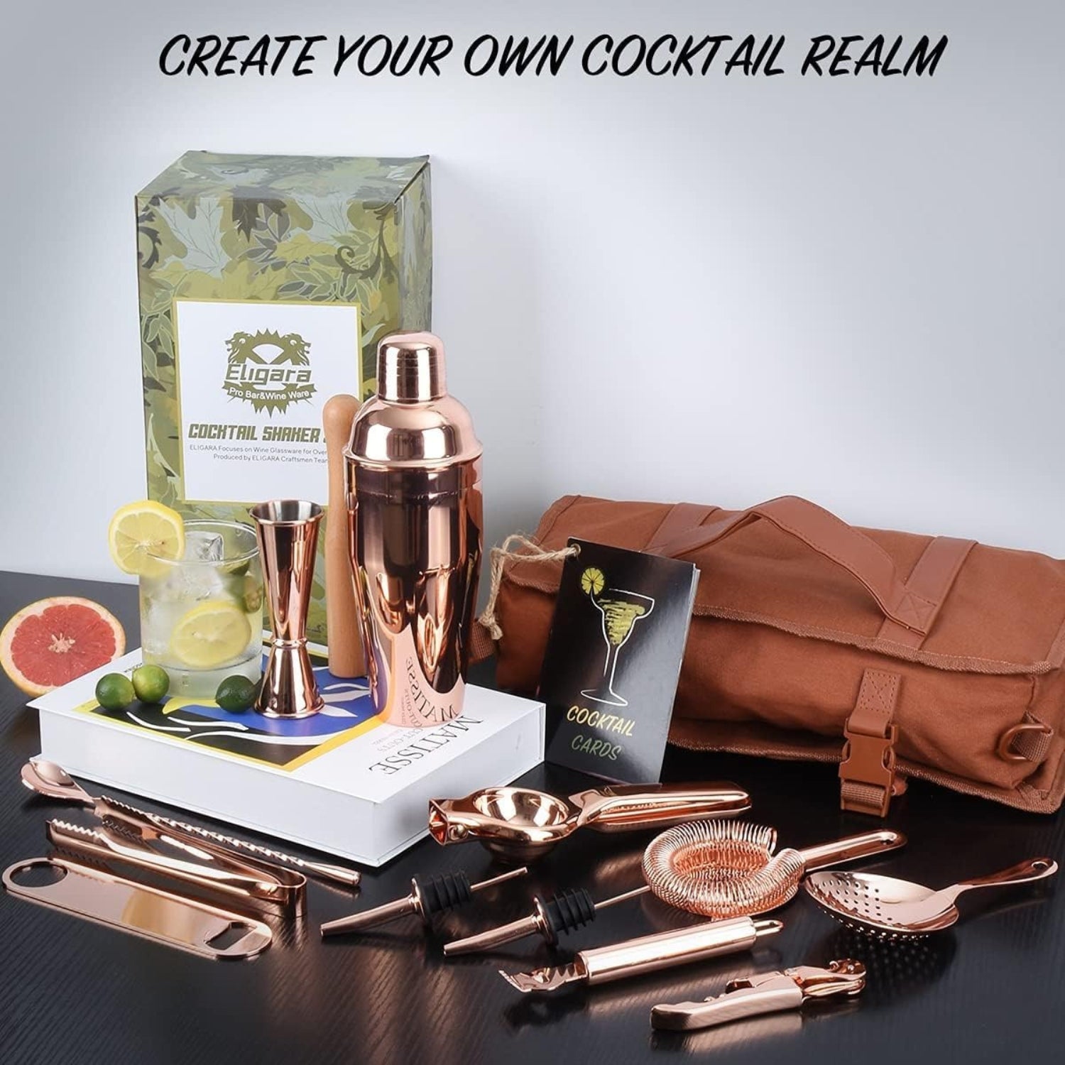17-TLG Cocktail Shaker Set Kupfer mit Tasche Barwerkzeug Schultergurt Geschenk