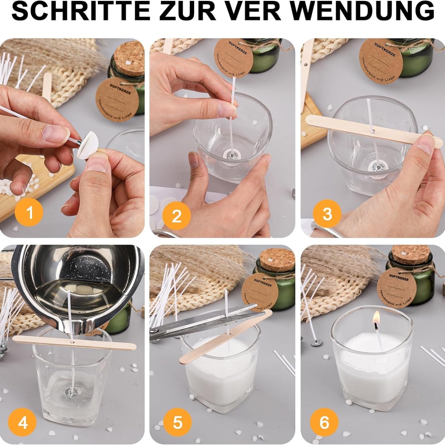Kerzendocht für Kerzen 50 Stück 10cm mit 60 Docht Aufkleber DIY Set