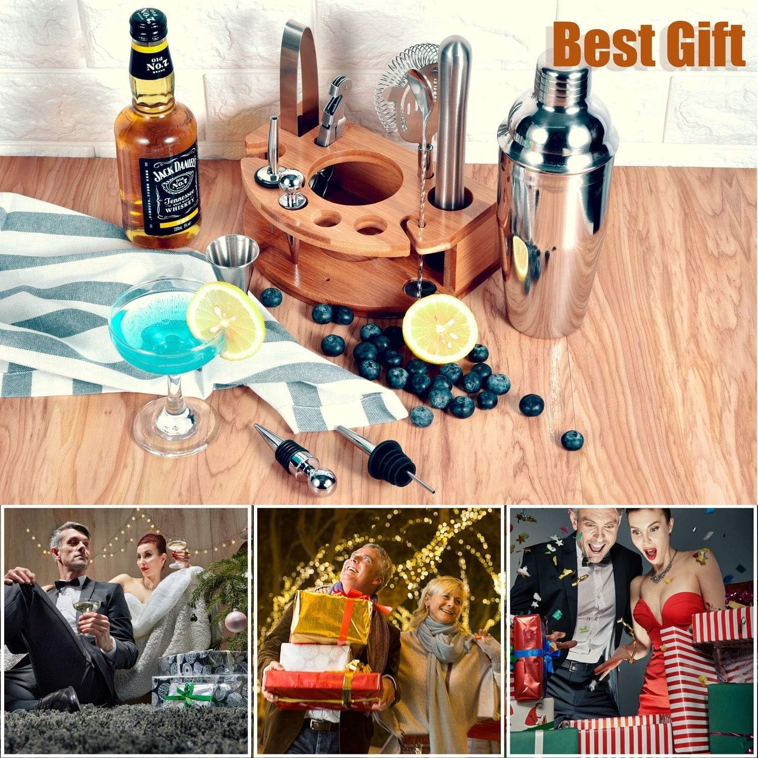 Edelstahl Barkeeper Kit 12 Teilig Cocktail Set mit Rezeptbuch Geschenk Silber