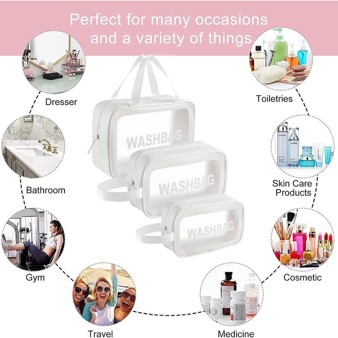 3er Set Transparente Kosmetiktaschen Wasserdicht Reise Kulturbeutel Weiß