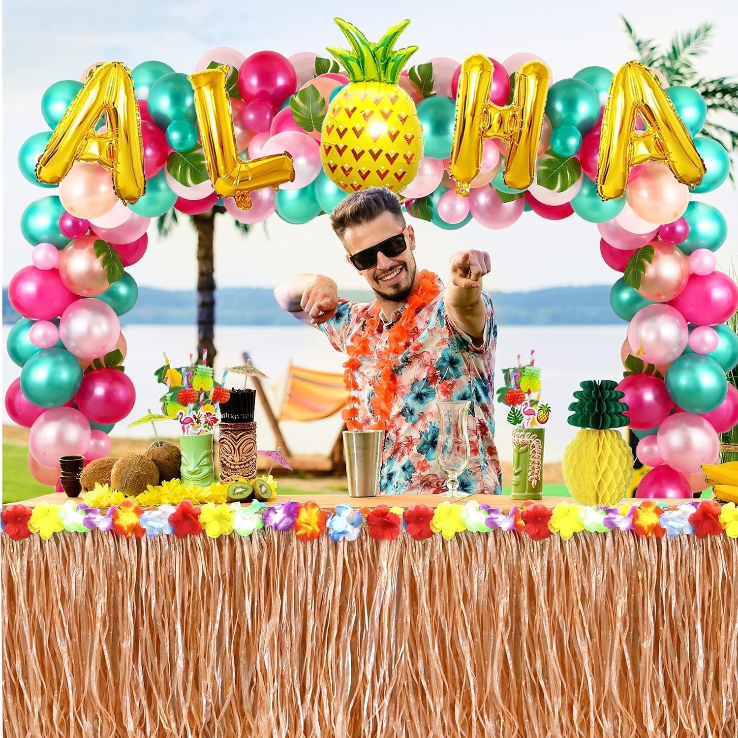 Hawaii Deko Party Aloha Deko 170 Stück Tischröcke Ballons Girlande