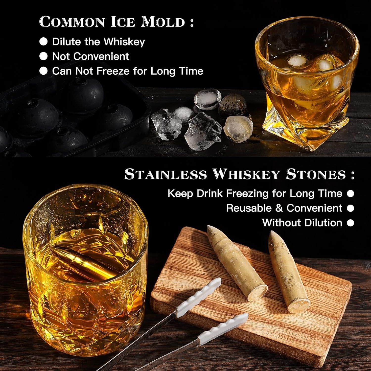 XL Whiskey Set whisky geschenkset Goldene Patronen Whiskey Glas 6 Whiskysteine