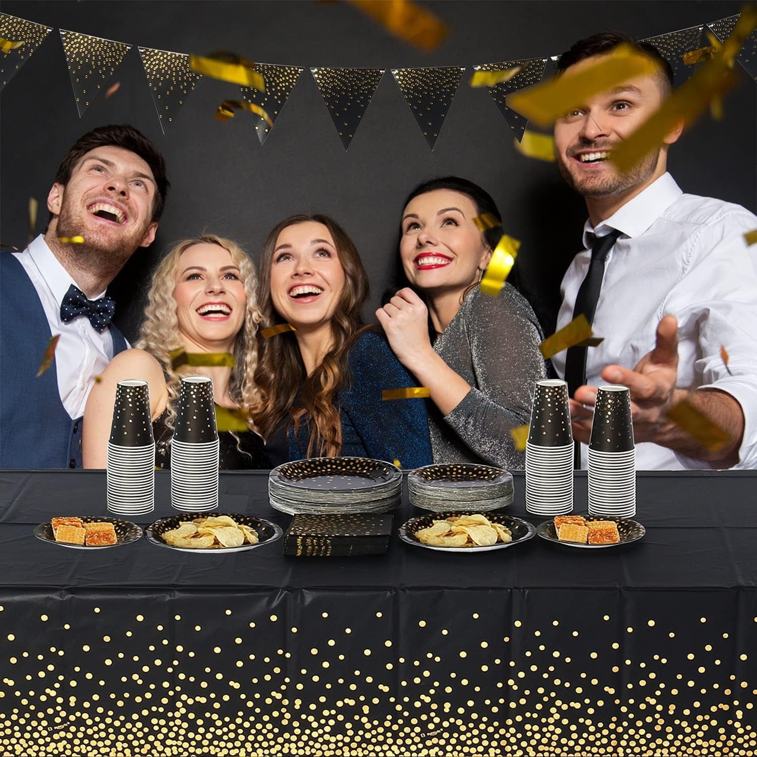 Party Deko Partygeschirr Schwarz Gold 99 Stück Teller Set Pappteller