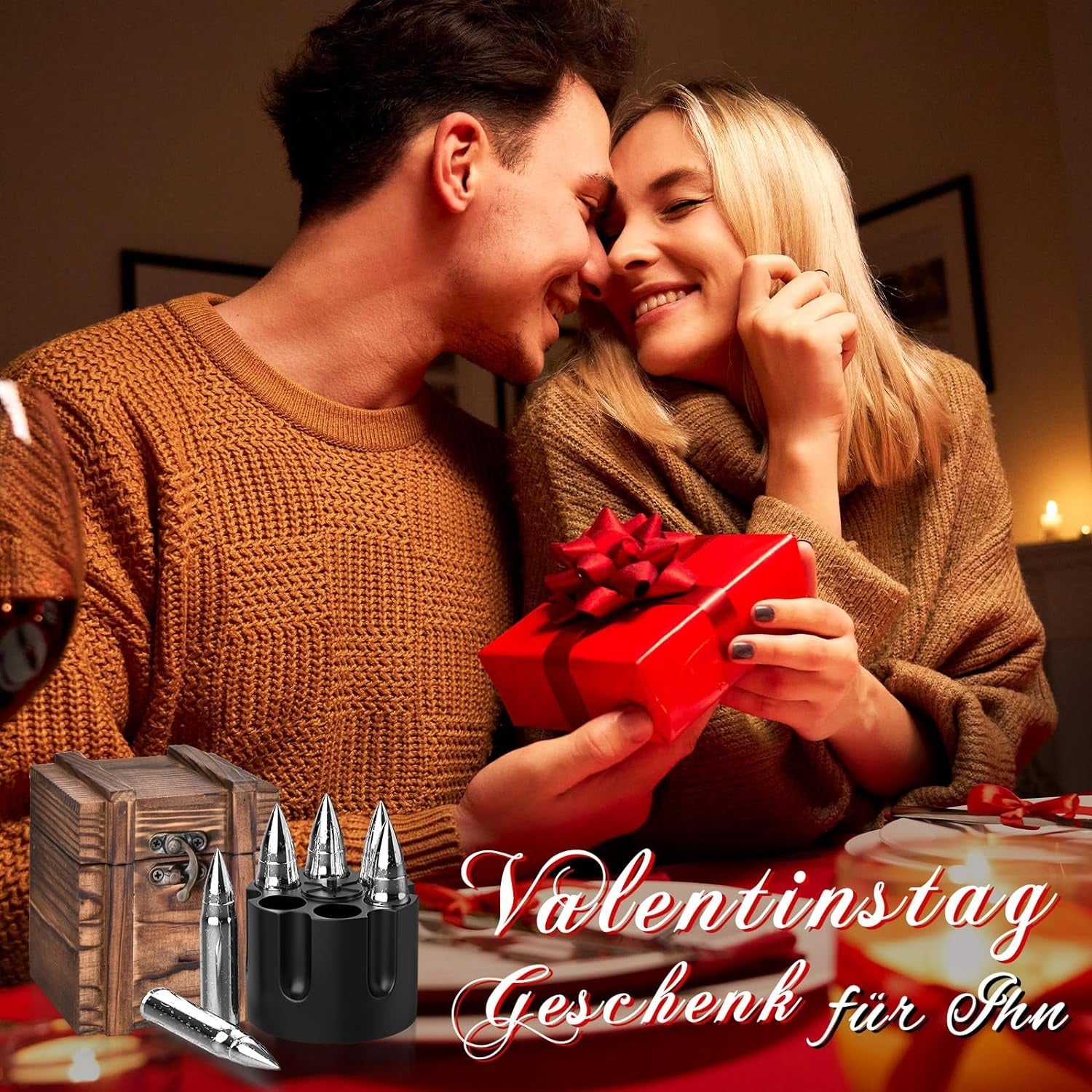 Geschenke für Männer Whiskey Steine Set in Patronenform Silber mit Whiskeyglas
