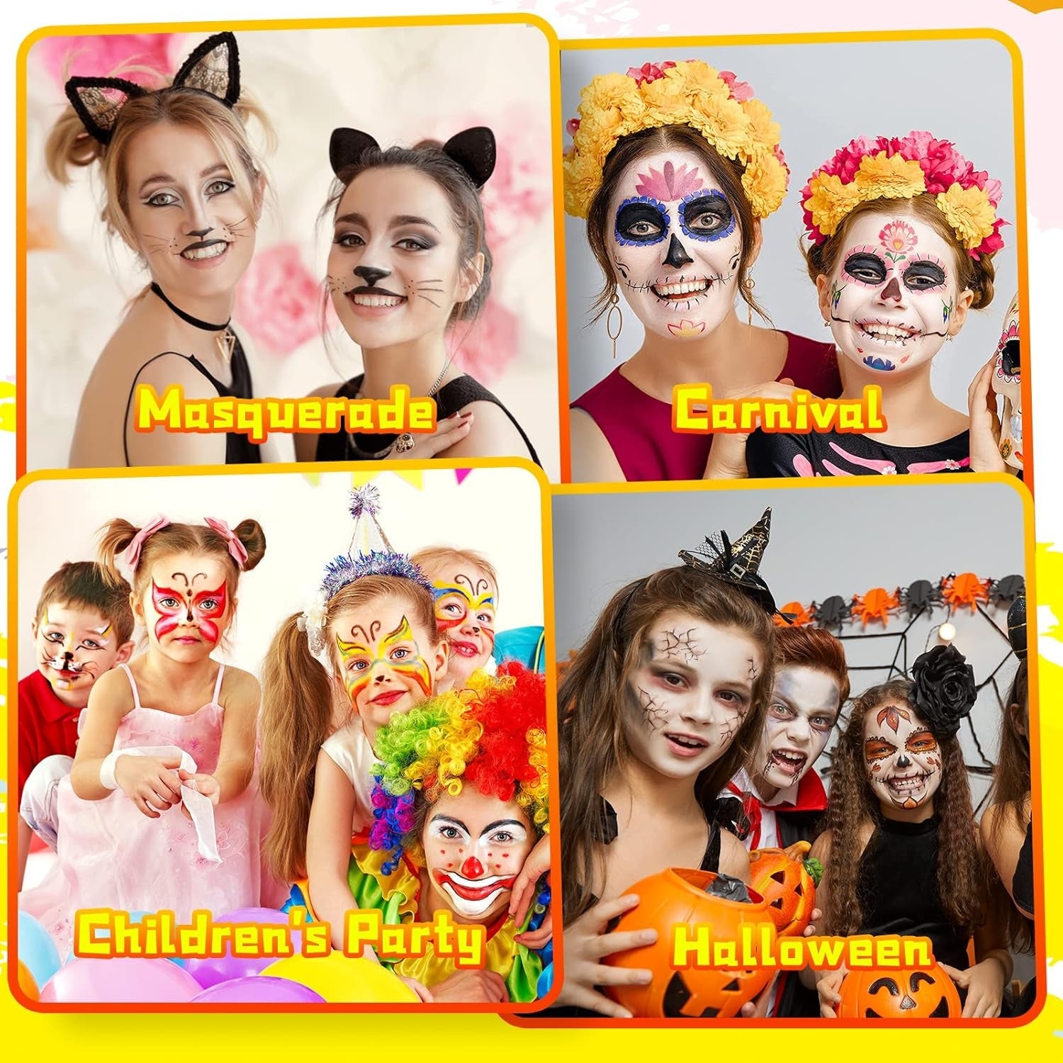 Professionelle Karnevalsschminke Mädchen Set 16 Farben + 2 Stifte 32 Schablonen