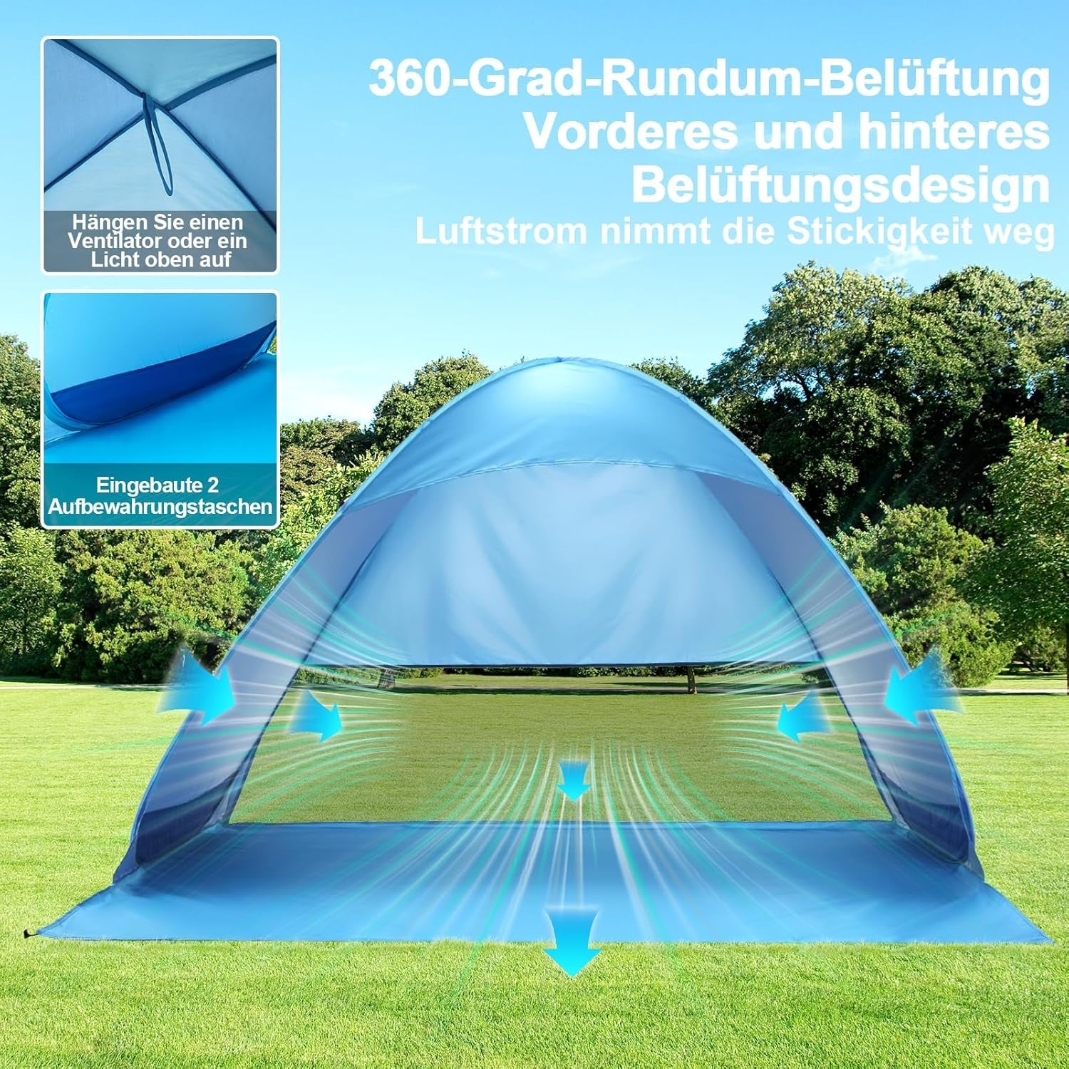 Strandmuschel Pop Up Strandzelt 200x165x130cm UV Schutz UPF 50+ Blau