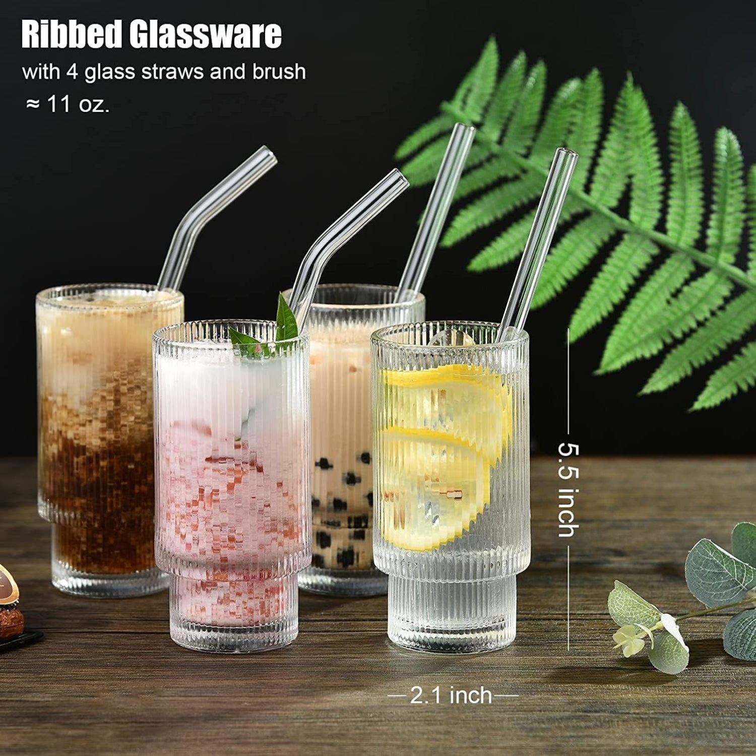 Geriffelte Vintage Cocktailgläser Set mit Glasstrohalme 325ml 4x Set