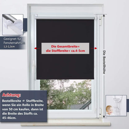 Verdunklungsrollo ohne Bohren 60x150cm Schwarz Rollos für Fenster