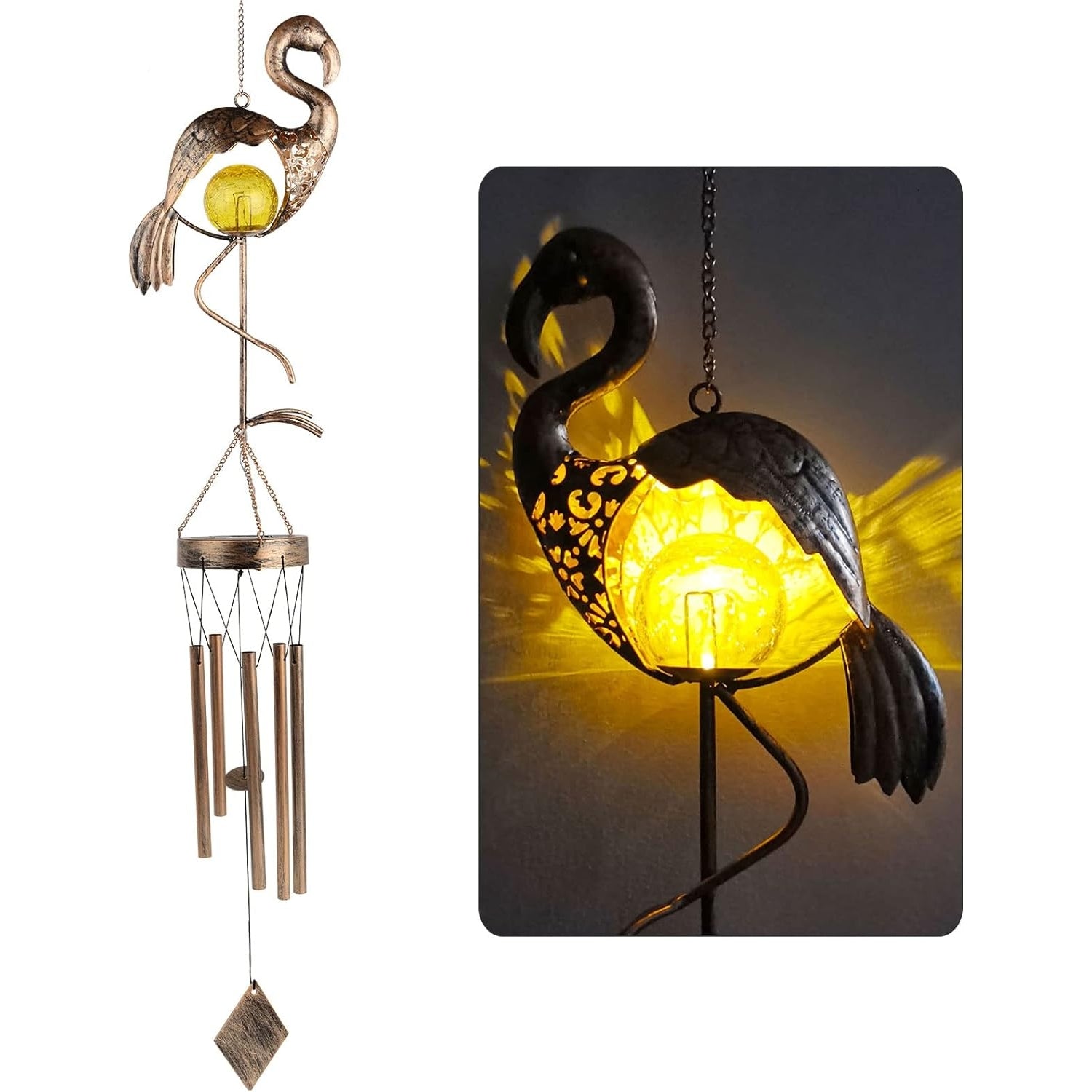 Solar Windspiel Flamingo LED Licht Messingrohre Glücksperlen Garten Dekoration