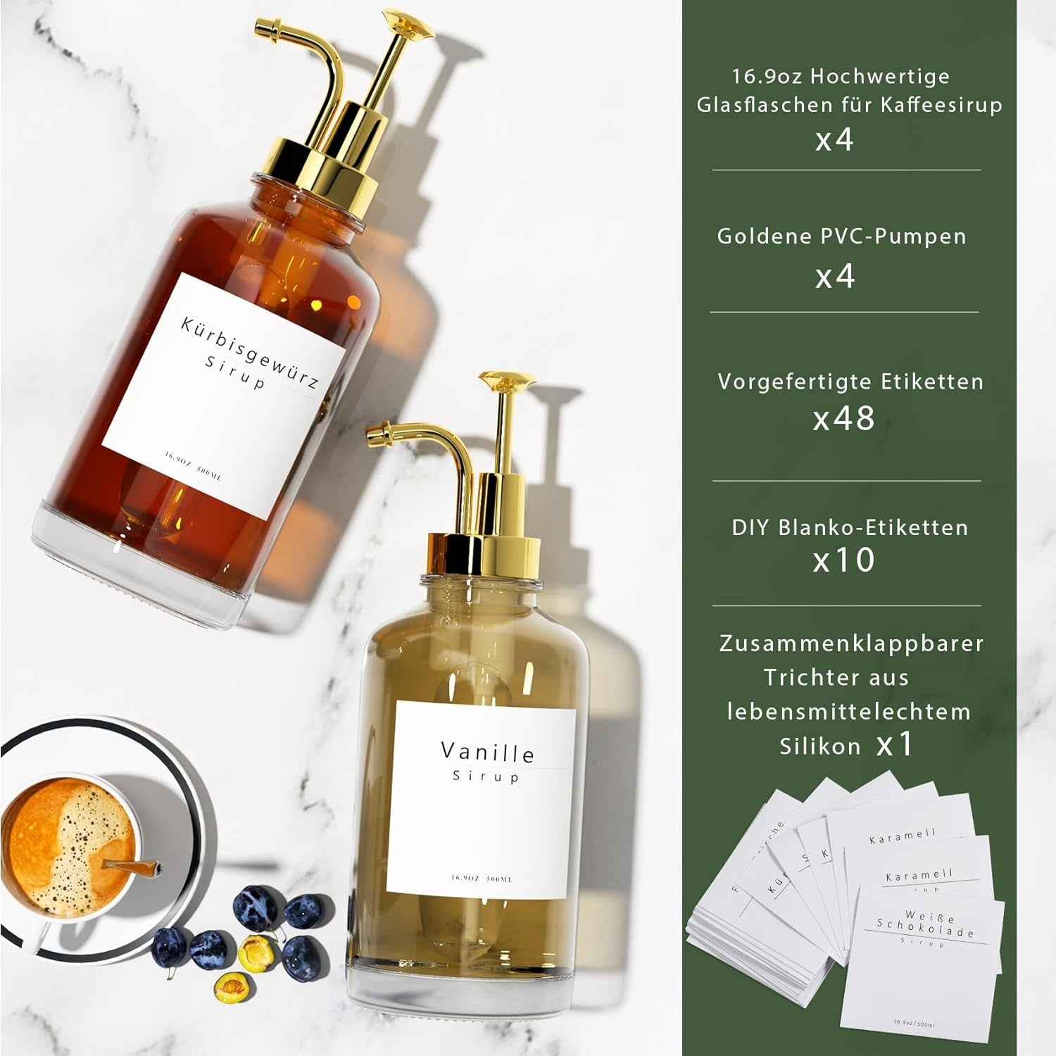 Pumpspender Sirup Spender Glasflasche 500ml 4 Stück + Etiketten