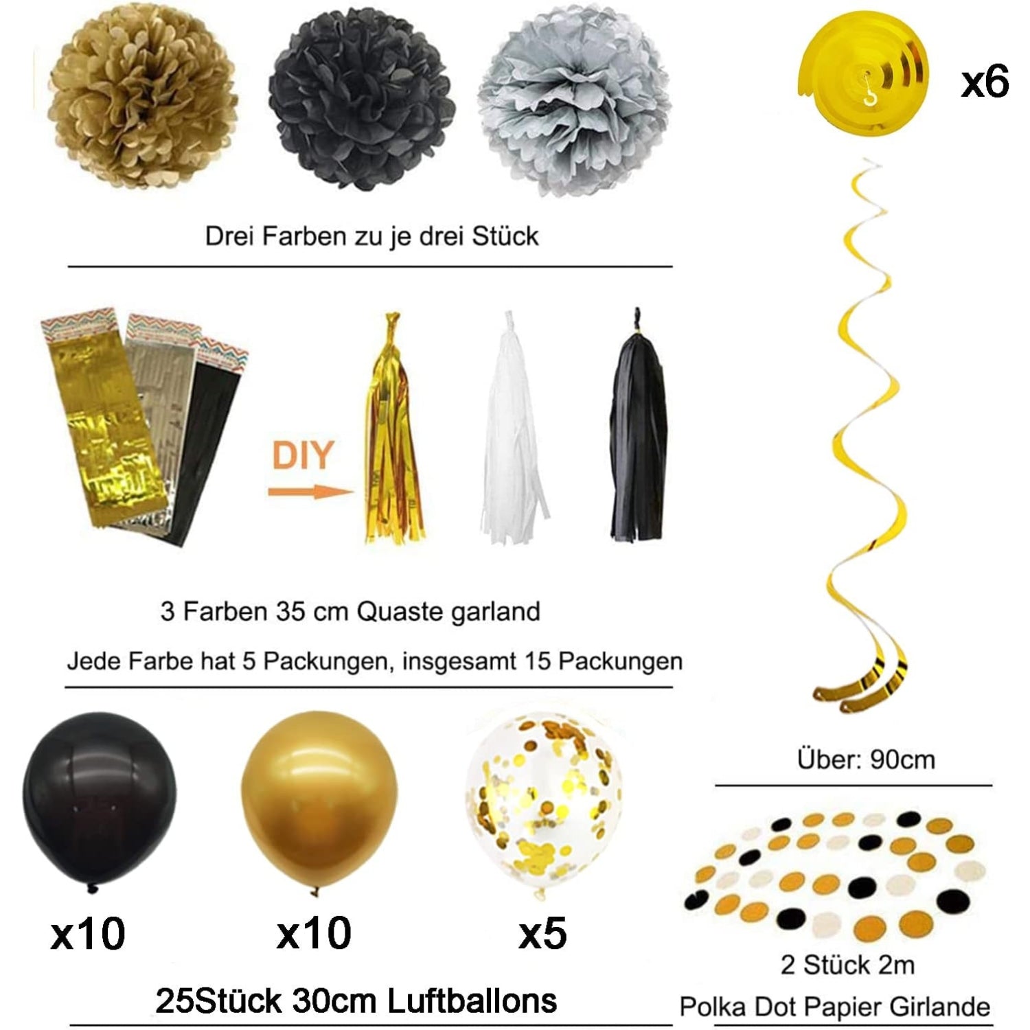 Ballons Gold Schwarz Party Dekoration Set 57 Stück DIY Papier Blumen