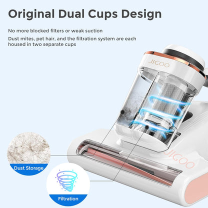 JIGOO J300 Milbensauger mit Staubmilben-Sensor und Intelligente LED-Anzeige, 500W Milbenstaubsauger mit UV-Licht, Ultraschall, Für Allergiker, entfernt 99,9% Allergene von Matratzen, Betten und Sofas