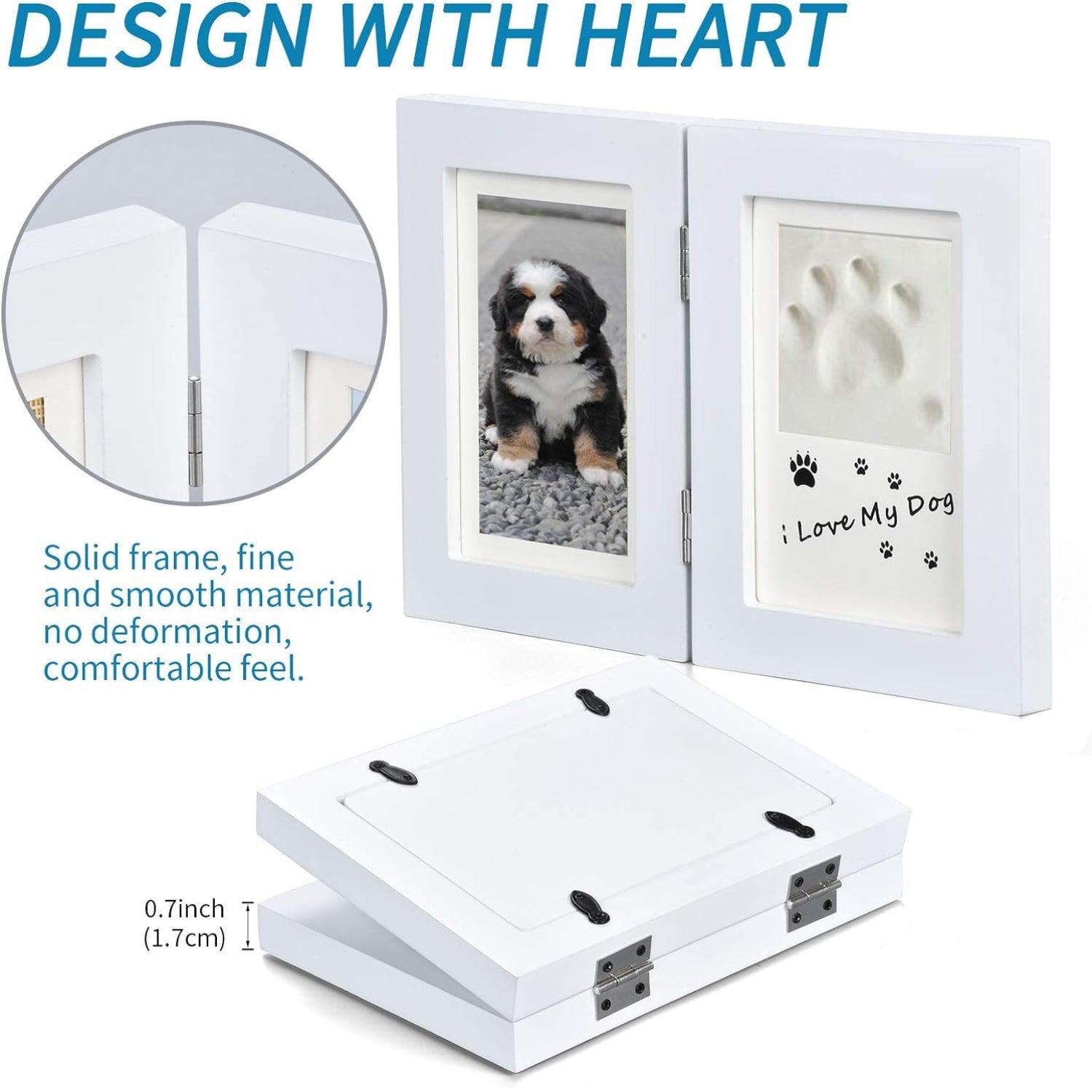 Pfotenabdruck 3D Set Hund Katze mit Holz Bilderrahmen Weiß Wanddekoration Klappbarer Rahmen Ungiftiger Ton Haustiergedächtnis