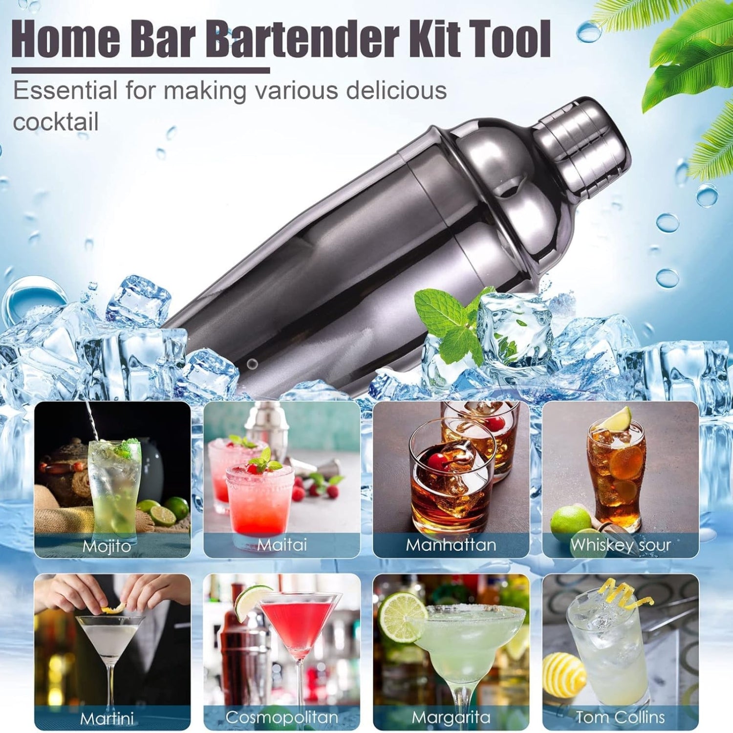 Cocktail Shaker Set 750ML Grau 12 Teiliges Profi Edelstahl Barkeeper Kit Inkl Stilvoller Bambusständer Rezeptheft Ideales Geschenk