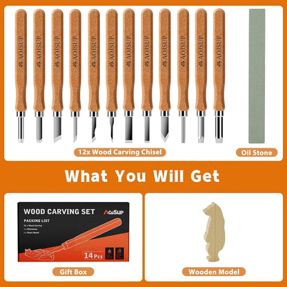 Schnitzwerkzeug Set Holz Schnitzset 14 tlg 12 Schnitzmesser Schleifsteine